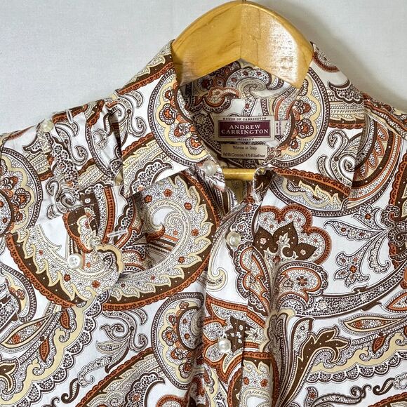 Andrew Carrington White Rust Tan Paisley LS Collared Button Front Shirt Size M - Picture 3 of 12